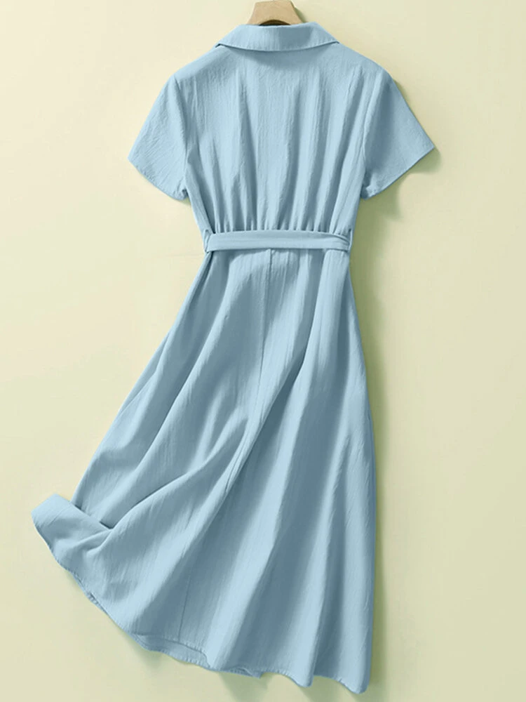 Solid Pocket Button Lapel Short Sleeve Shirt Dress With Belt 2 Solid Pocket Button Lapel Short Sleeve Shirt Dress With Belt - Image 2