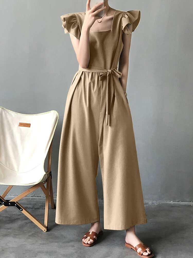Solid Ruffle Sleeve Pocket Square Collar Wide Leg Jumpsuit 11 Solid Ruffle Sleeve Pocket Square Collar Wide Leg Jumpsuit - Image 11