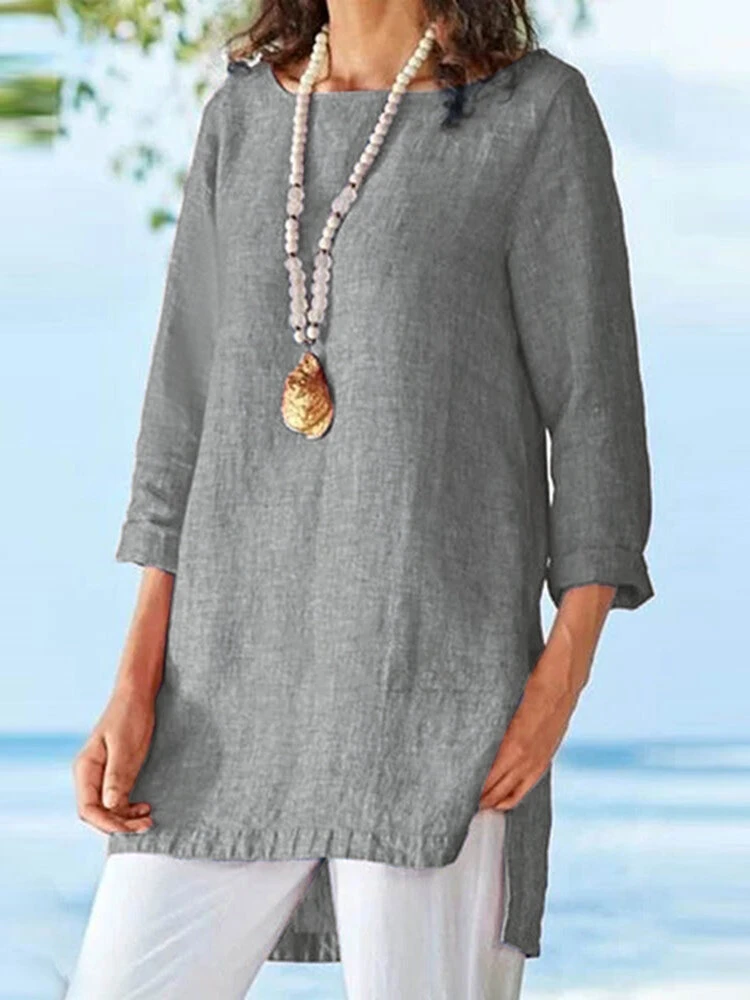 Women Solid Cotton High-Low Hem Long Sleeve Blouse 3 Women Solid Cotton High-Low Hem Long Sleeve Blouse - Image 3