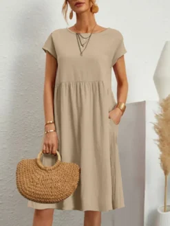 Women Solid Short Sleeve Pocket Midi Casual Dress -Zanzea Shop 463b19fe 9a51 4f65 888f cee3bbc7e008