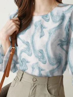 Marble Print 3/4 Sleeve Crew Neck Ruffle Blouse -Zanzea Shop 464e551f bbfa 4a53 88a2 653dda72591c