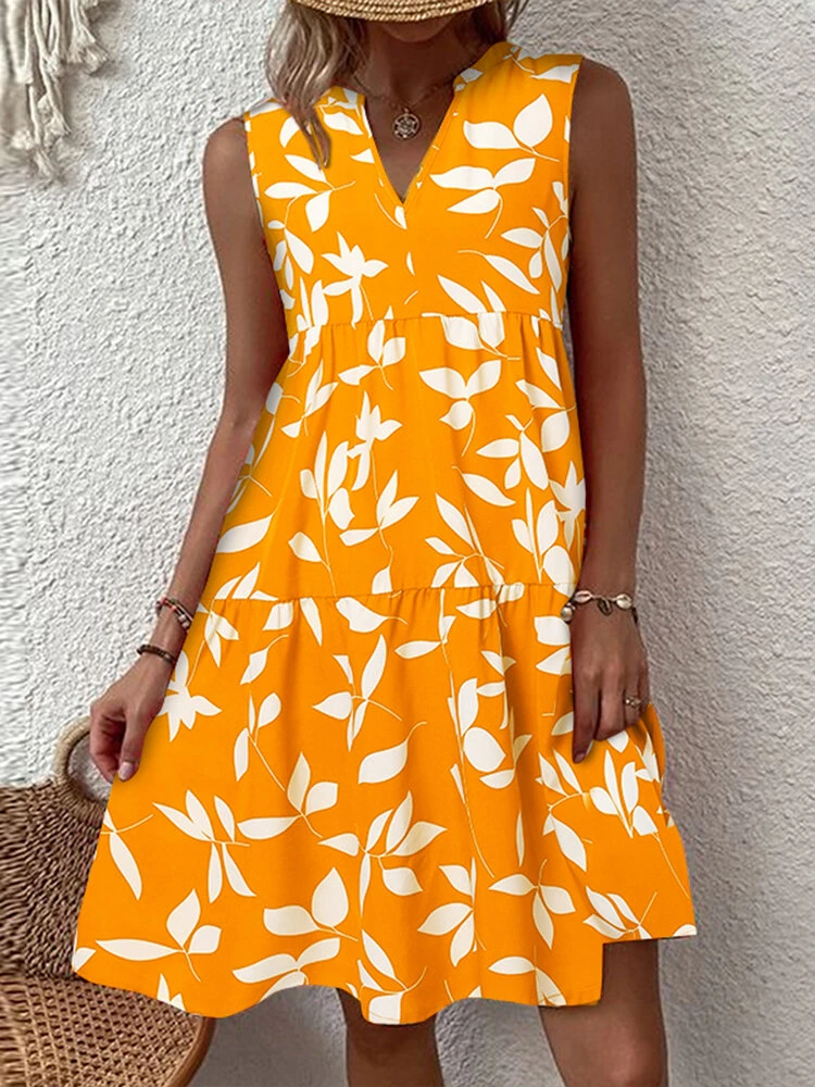 Women Allover Leaf Print V-Neck Tiered Sleeveless Dress 4 Women Allover Leaf Print V-Neck Tiered Sleeveless Dress - Image 4