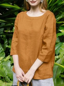 Solid Crew Neck 3/4 Sleeve Blouse For Women -Zanzea Shop 46e1c483 b067 4864 b9df b10f4463d956