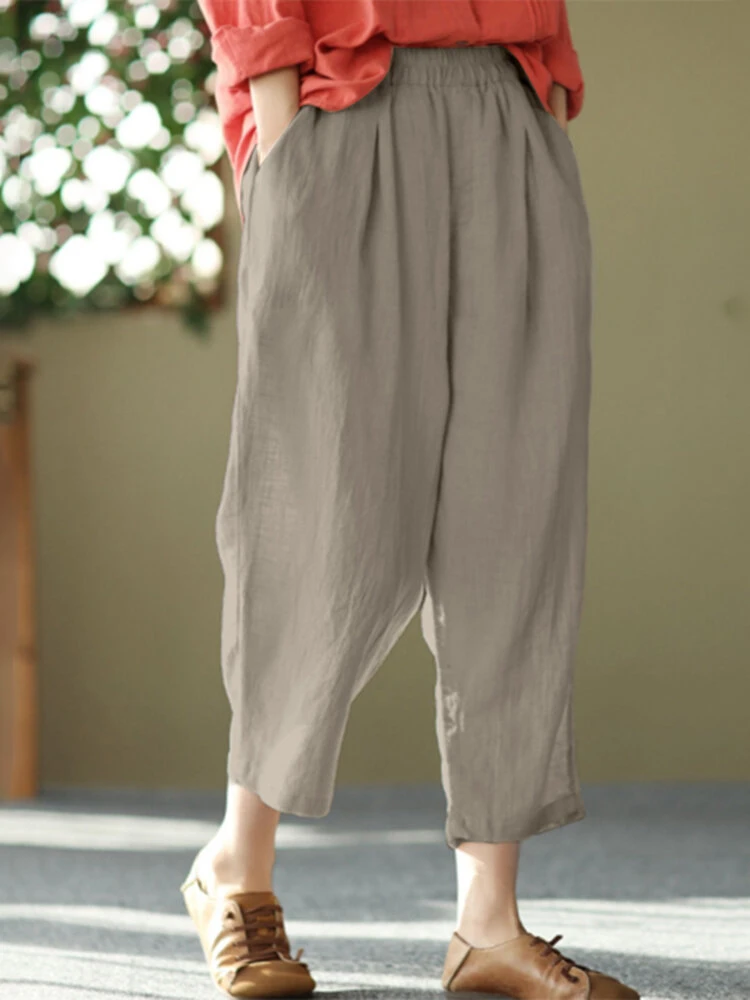 Women Solid Pocket Elastic Waist Casual Harem Pants 2 Women Solid Pocket Elastic Waist Casual Harem Pants - Image 2