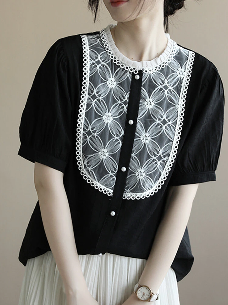 Contrast Embroidery Short Sleeve Pearl Button Blouse 9 Contrast Embroidery Short Sleeve Pearl Button Blouse - Image 9