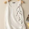 Women Floral Embroidered Crew Neck Cotton Sleeveless Tank Top