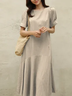 Cotton Solid Ruffle Short Sleeve Round Neck Casual Midi Dress -Zanzea Shop 478f5e3f ad1b 4cc2 82c6 929aec1486cb