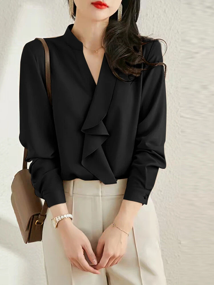Solid Ruffle Stand Collar Long Sleeve Blouse For Women 7 Solid Ruffle Stand Collar Long Sleeve Blouse For Women - Image 7