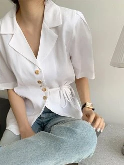 Solid Button Tie-Up Lapel Short Sleeve Casual Cotton Blouse -Zanzea Shop 47b488b3 94a6 4094 a664 f42c78aaf0d6