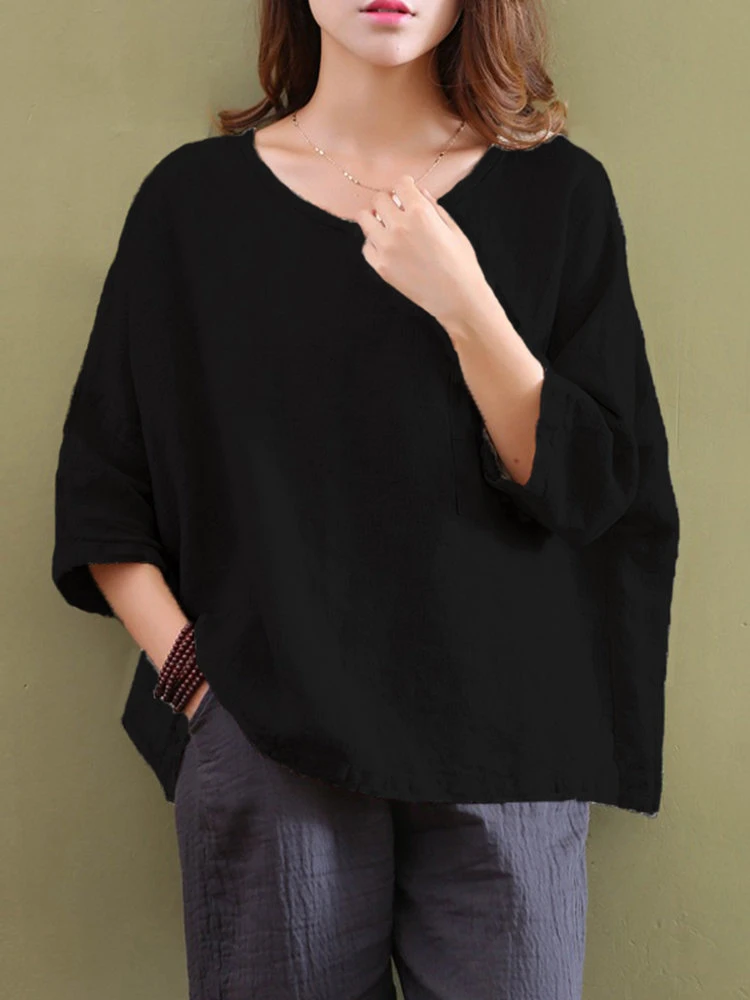Casual Women Mori Pocket O-Neck 3/4 Sleeve Loose Blouse 5 Casual Women Mori Pocket O-Neck 3/4 Sleeve Loose Blouse - Image 5
