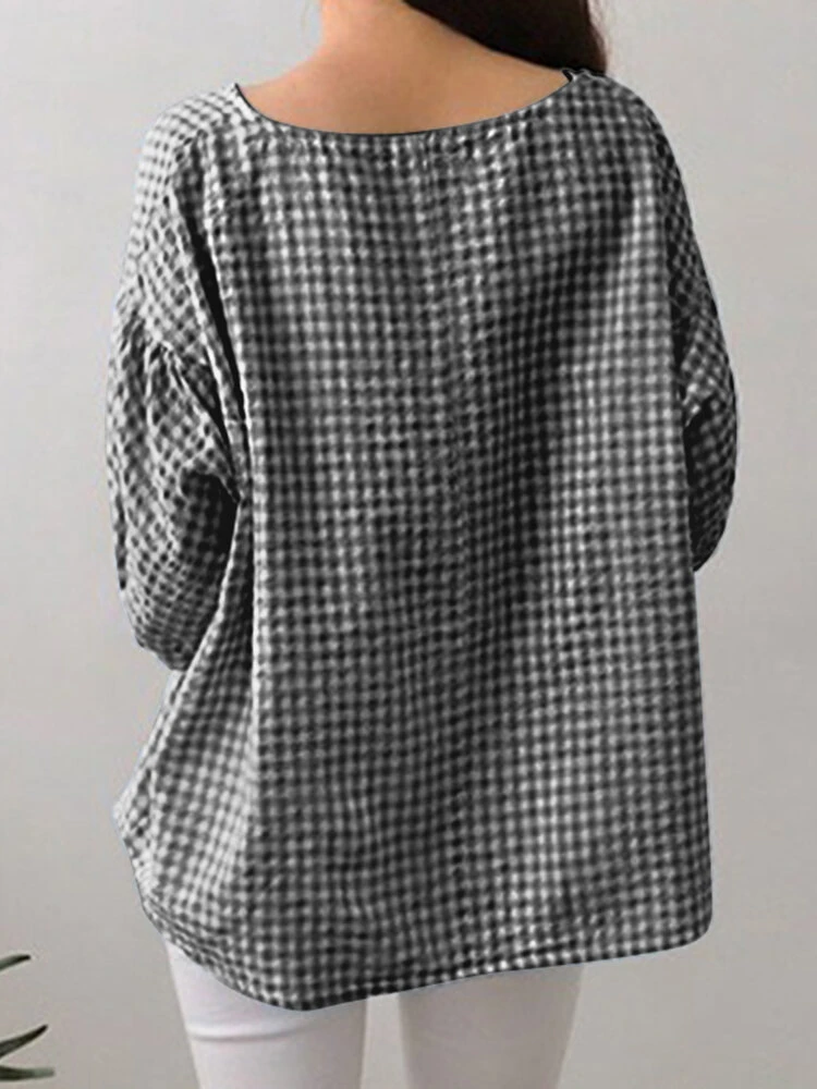 Check Print Crew Neck 3/4 Sleeve Casual Loose Blouse 7 Check Print Crew Neck 3/4 Sleeve Casual Loose Blouse - Image 7