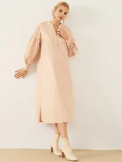 Solid Slit Hem Button Front Long Sleeve Stand Collar Dress -Zanzea Shop 4815fbb2 f35a 436b b687 9e6045837d16