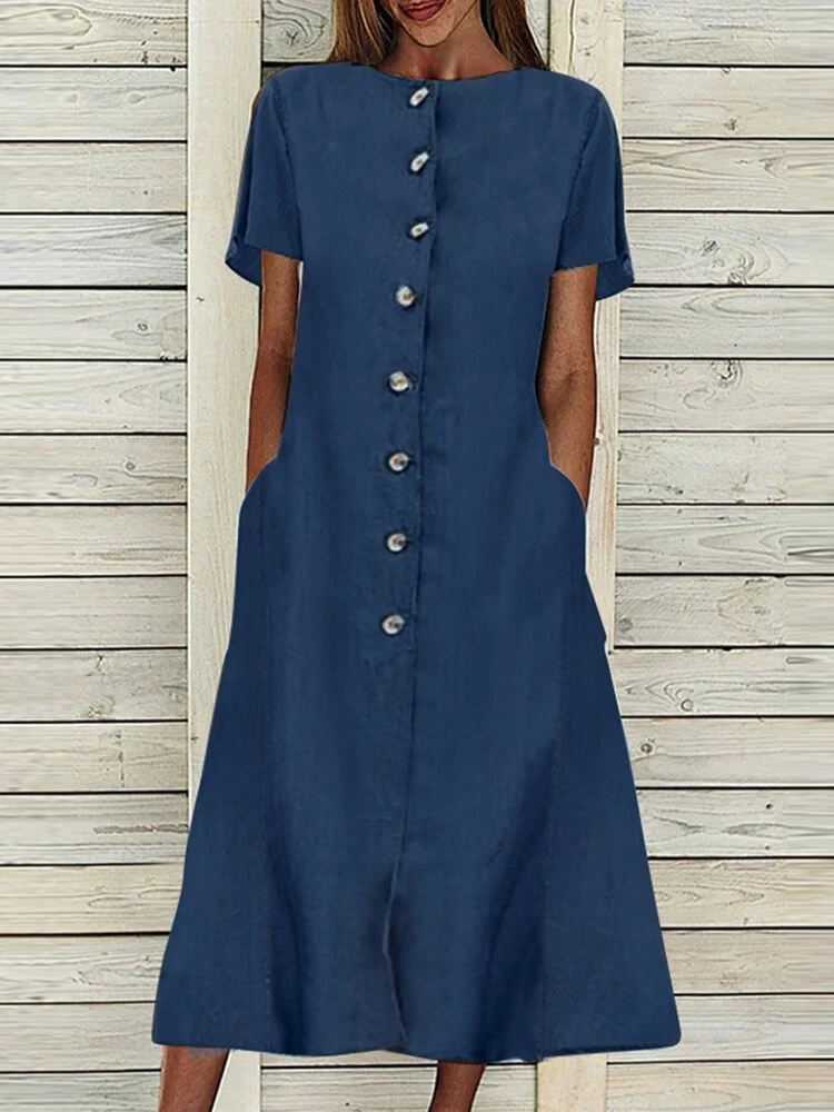 Women Solid Button Front Short Sleeve Denim Shirt Dress 2 Women Solid Button Front Short Sleeve Denim Shirt Dress - Image 2
