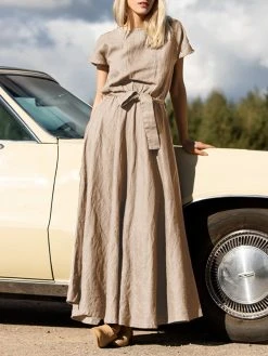 Solid Pocket Swing Short Sleeve Maxi Dress With Belt -Zanzea Shop 486395a4 dd59 49ac b6b4 922eb2aed85a