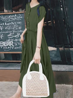 Solid Button Front Dress With Belt For Women -Zanzea Shop 486806a2 5f04 4164 8b8e b890e6ef7ee7