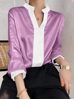 Contrast Satin Long Sleeve V-neck Blouse For Women -Zanzea Shop 486e8f18 fed3 4e84 a4e7 fca640854fd3