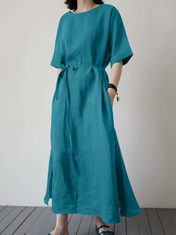 Solid Slit Pocket Half Sleeve Loose Dress With Belt 1 Solid Slit Pocket Half Sleeve Loose Dress With Belt