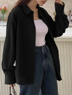 Solid Irregular Pleated Long Sleeve Lapel Button Down Shirt -Zanzea Shop 48b827d2 1782 4d65 84f0 80c1dd3c0695