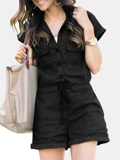 Solid Button Pocket Drawstring Lapel Romper