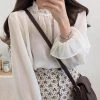 Solid Puff Sleeve Ruffle Stand Collar Chiffon Blouse
