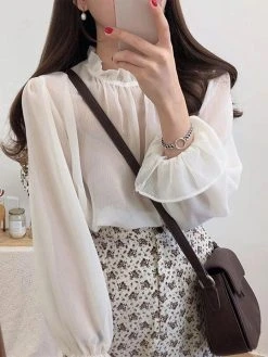 Solid Puff Sleeve Ruffle Stand Collar Chiffon Blouse