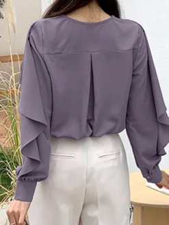 Ruffle Solid Long Sleeve V-neck Button Front Blouse -Zanzea Shop 49703bf9 1735 4019 9758 941863a9ea7b
