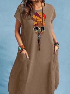 Portrait Print Pocket Short Sleeve Crew Neck Vintage Dress -Zanzea Shop 497caa69 b7d0 4eea a1c1 6df117e37b7f