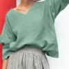 Solid 3/4 Sleeve V-neck Loose Blouse For Women