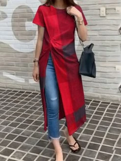 Plaid Split Twist Round Neck Short Sleeve Casual T-Shirt -Zanzea Shop 4a30b2f1 8fd9 4b29 bdd3 0b9c17d864be