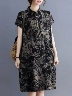 Plants Print Lapel Button Short Sleeve Dress -Zanzea Shop 4a4274cc 0af2 4f9d bdfe c3eefeed5422