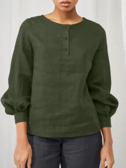 Solid Lantern Sleeve Button Front Crew Neck Blouse -Zanzea Shop 4a6511a3 d6cc 4e5b 9a3c b1c87bd6879d