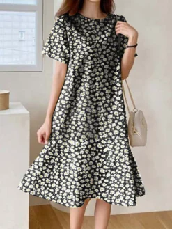 Allover Floral Print Ruffle Hem Short Sleeve Crew Neck Dress -Zanzea Shop 4a65ded6 ac97 49bf b3fb ef9d1ad31537