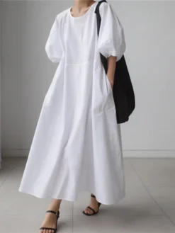 Lantern Sleeve Loose Pocket Solid Crew Neck Maxi Dress