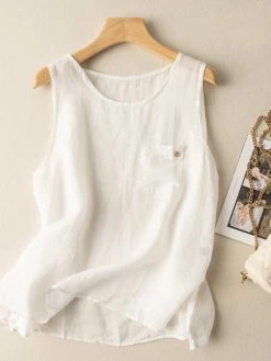 Solid Drawstring Slit Hem Sleeveless Crew Neck Tank Top