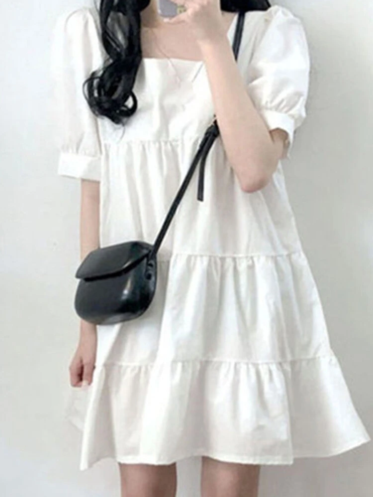Puff Sleeve Square Collar A-line Solid Casual Dress 6 Puff Sleeve Square Collar A-line Solid Casual Dress - Image 6