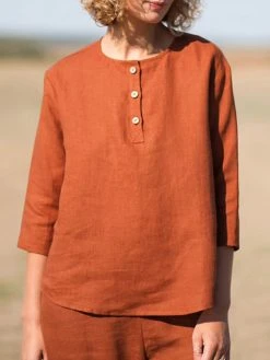 Solid Button Front Casual Crew Neck 3/4 Sleeve Blouse