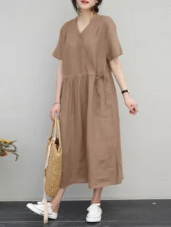 Women Solid Notched Neck Drawstring Waist Short Sleeve Dress -Zanzea Shop 4b1bcef6 0169 46e1 97e9 8df38a1e664a