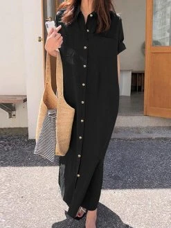 Solid Slit Pocket Button Front Lapel Maxi Shirt Dress -Zanzea Shop 4b37b163 4166 457a aabe bbbf0e835a8b
