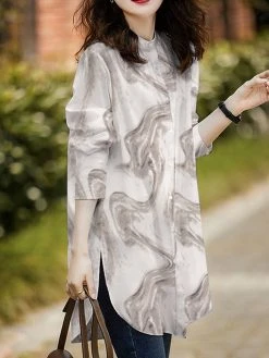 Marble Pattern Slit Hem Loose Button Front Blouse -Zanzea Shop 4b4cf3b8 f002 44d4 8ddc f597e4b02abc
