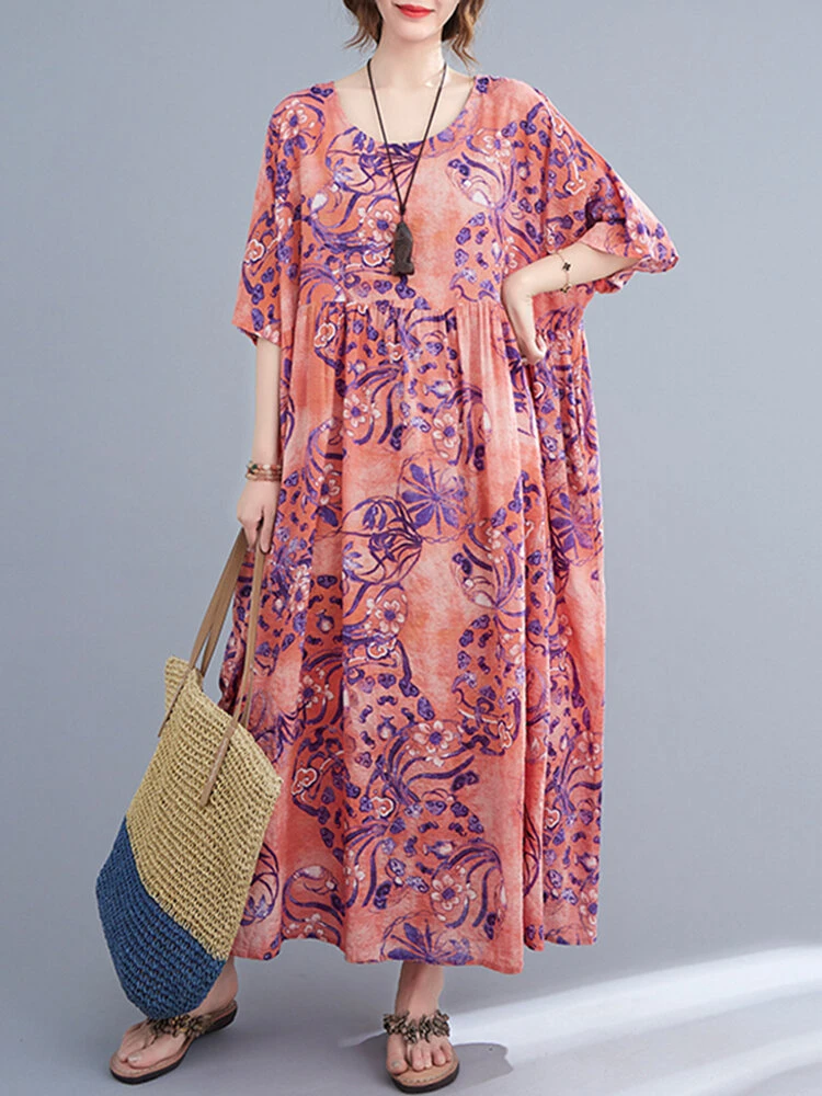 Vintage Flower Print Loose O-neck Half Sleeve Dress For Women 3 Vintage Flower Print Loose O-neck Half Sleeve Dress For Women - Image 3