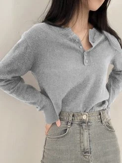 Solid Long Sleeve Half Placket Button Crew Neck Knit T-shirt -Zanzea Shop 4bbcb82b 8675 46a5 8300 179b49fbd23f