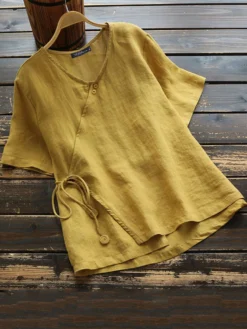Vintage Solid Color Knot Button Plus Size Blouse