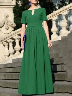 Solid Pleated Notch Neck Short Sleeve Maxi Dress With Belt -Zanzea Shop 4bea92c5 bd65 4282 9a6f 7b521651d38e