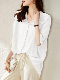 Lace Panel Button Front Loose Half Sleeve V-neck Blouse -Zanzea Shop 4c27b0b1 1a05 43b8 bf4c 87dd9be68078
