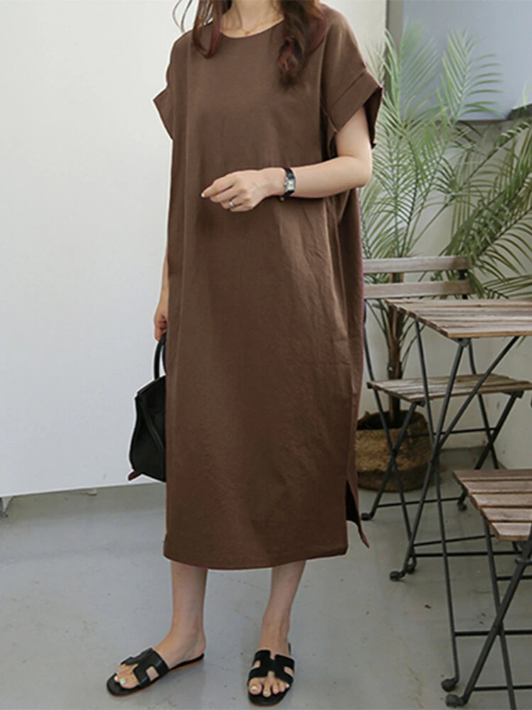 Leisure Solid Slit Hem Ruched Short Sleeve Maxi Dress 2 Leisure Solid Slit Hem Ruched Short Sleeve Maxi Dress - Image 2