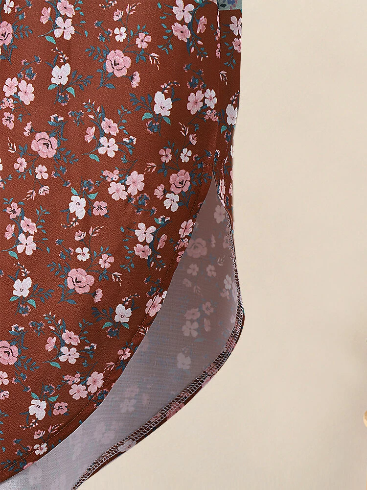 Women Ditsy Floral Print Patchwork Crew Neck Short Sleeve Dress 5 Women Ditsy Floral Print Patchwork Crew Neck Short Sleeve Dress - Image 5