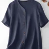 Solid Button Front Short Sleeve V-neck Casual Blouse