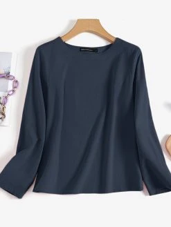 Solid Crew Neck Long Sleeve Casual Women T-shirt