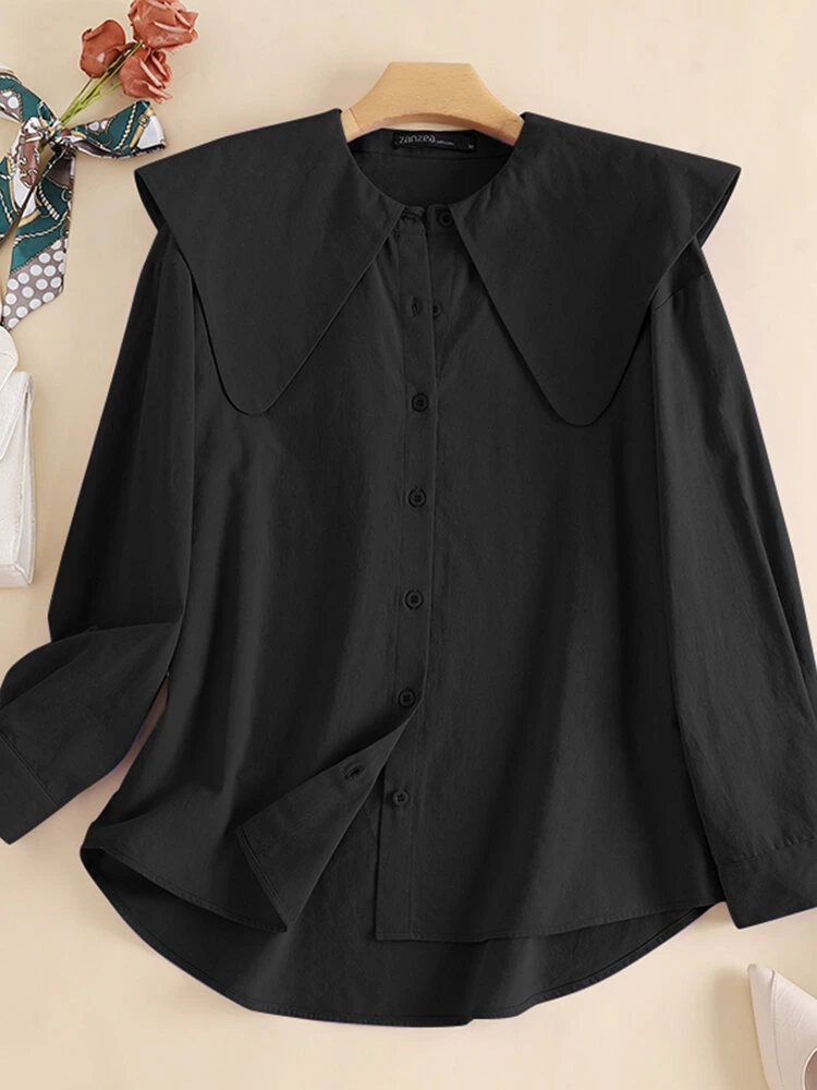 Solid Lapel Long Sleeve Button Women Blouse 3 Solid Lapel Long Sleeve Button Women Blouse - Image 3