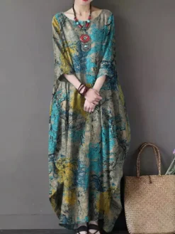 Printed O-neck Side Pockets Cotton 3/4 Sleeve Long Dress -Zanzea Shop 4cbd4969 c29d 4e10 b4b2 e65db64fc2ea